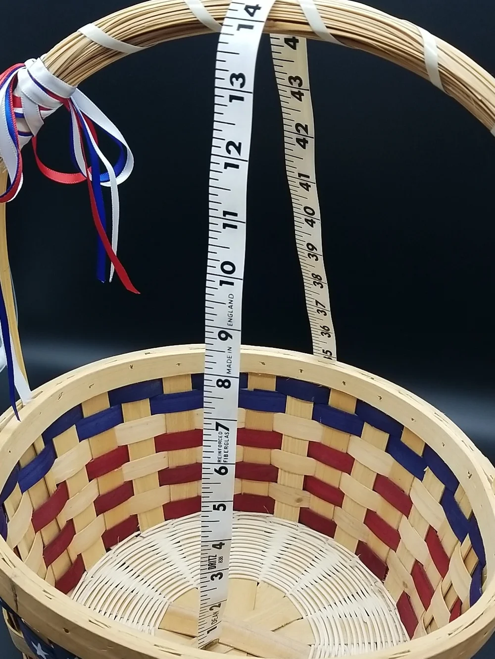 Vintage Handmade Round with Handle Red, White & Blue USA Flag Patriotic Basket
